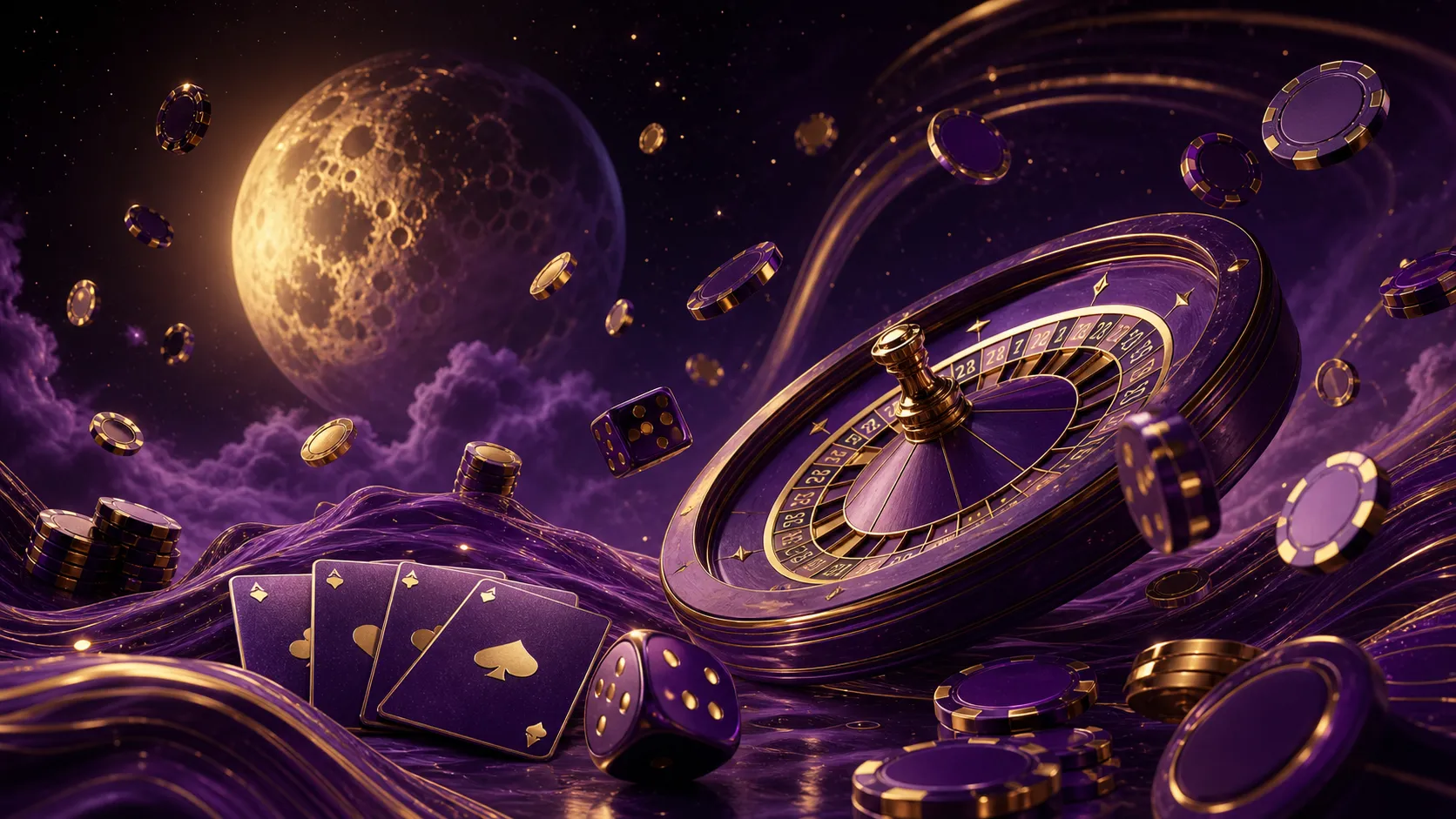 Glossy 3D isometric render of casino theme with poker chips, playing cards, and neon Lunarspins motifs.