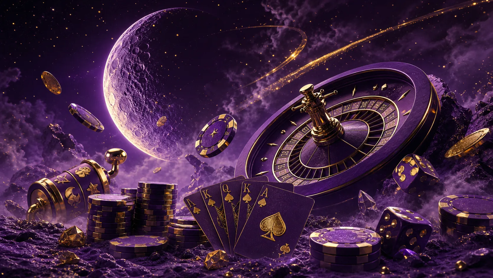Cinematic cyberpunk casino scene with neon glowing roulette and poker chips floating beneath a luminous moon background, refl